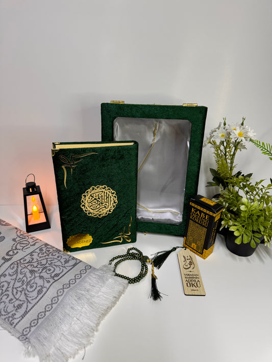 Kur'an-ı Kerim Seti Kadife Kaplı Bilgisayar Hatlı Şefaf Kapaklı Sandık Kutulu