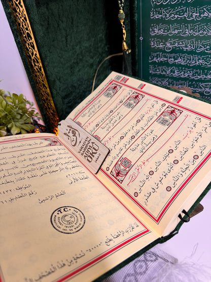 Kur'an-ı Kerim Seti Kadife Kaplı Bilgisayar Hatlı Sandık Kutulu