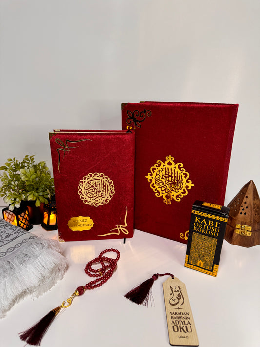 Kur'an-ı Kerim Seti Kadife Kaplı Bilgisayar Hatlı Sandık Kutulu