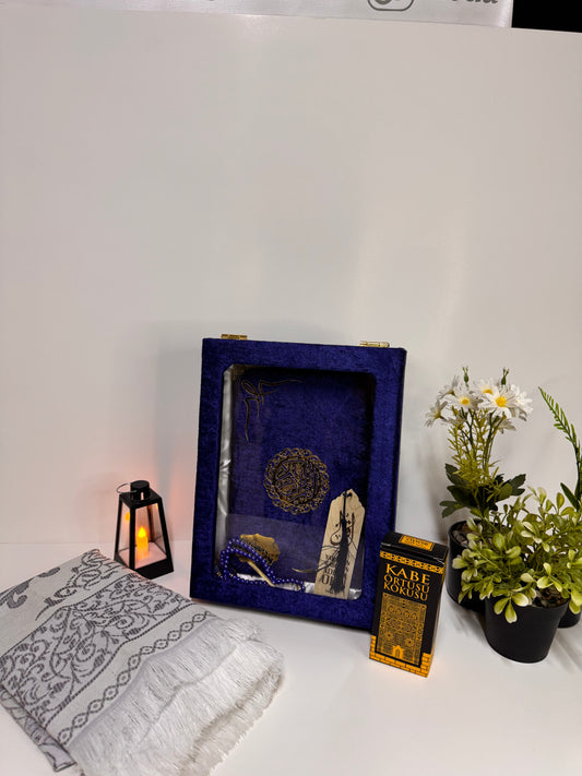 Kur'an-ı Kerim Seti Kadife Kaplı Bilgisayar Hatlı Şefaf Kapaklı Sandık Kutulu